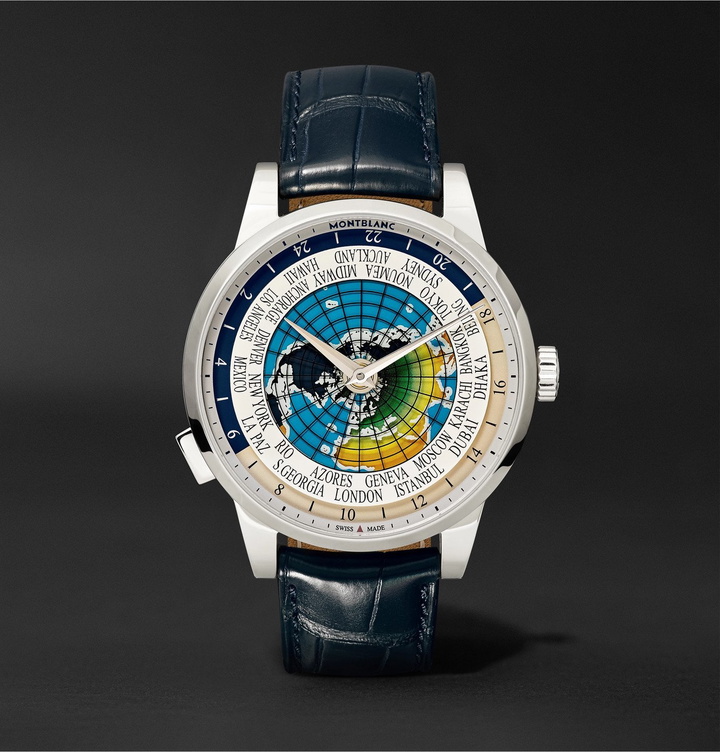 Photo: Montblanc - Heritage Spirit Orbis Terrarum LATIN UNICEF 41mm Stainless Steel and Alligator Watch, Ref. No. 116533 - Blue