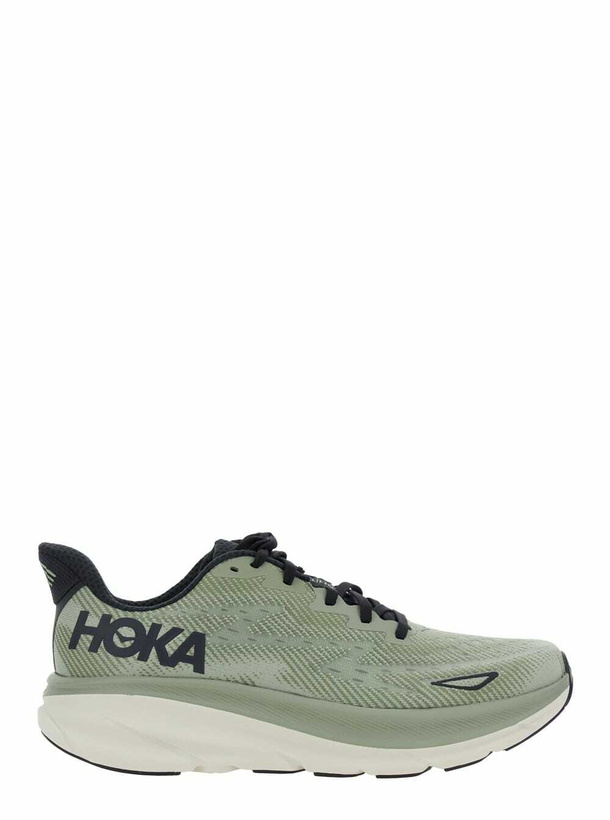 Photo: Hoka clifton 9 Green Sneakers With Zig Zag Embroidery And Side Logo Print In Rubber Unisex