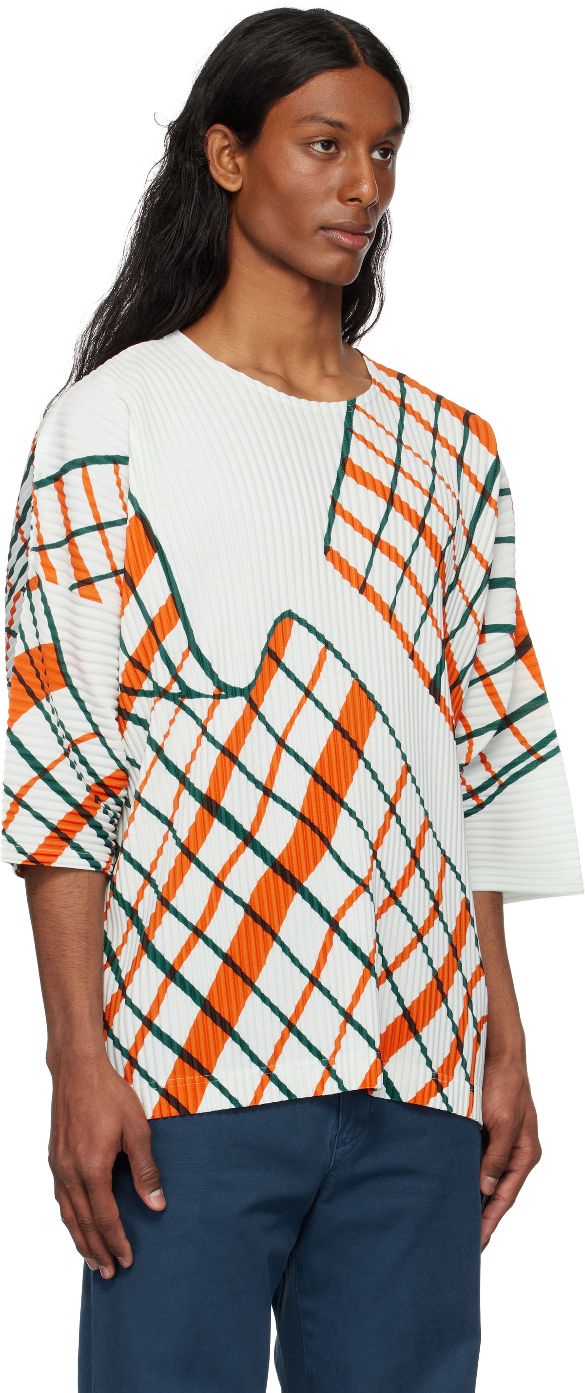 HOMME PLISSÉ ISSEY MIYAKE White Windswept Plaid T-shirt Homme