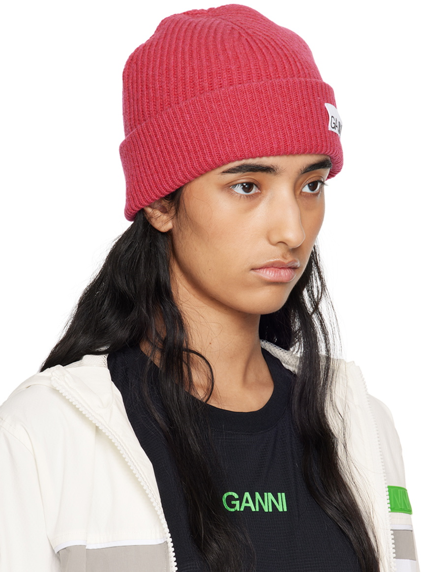 Ganni Women\'s mauve chalk light‎ pink fitted rib knit wool beanie Mauve Chalk Light Pink Fitted Rib Knit Wool Beanie | GANNI  main image 4
