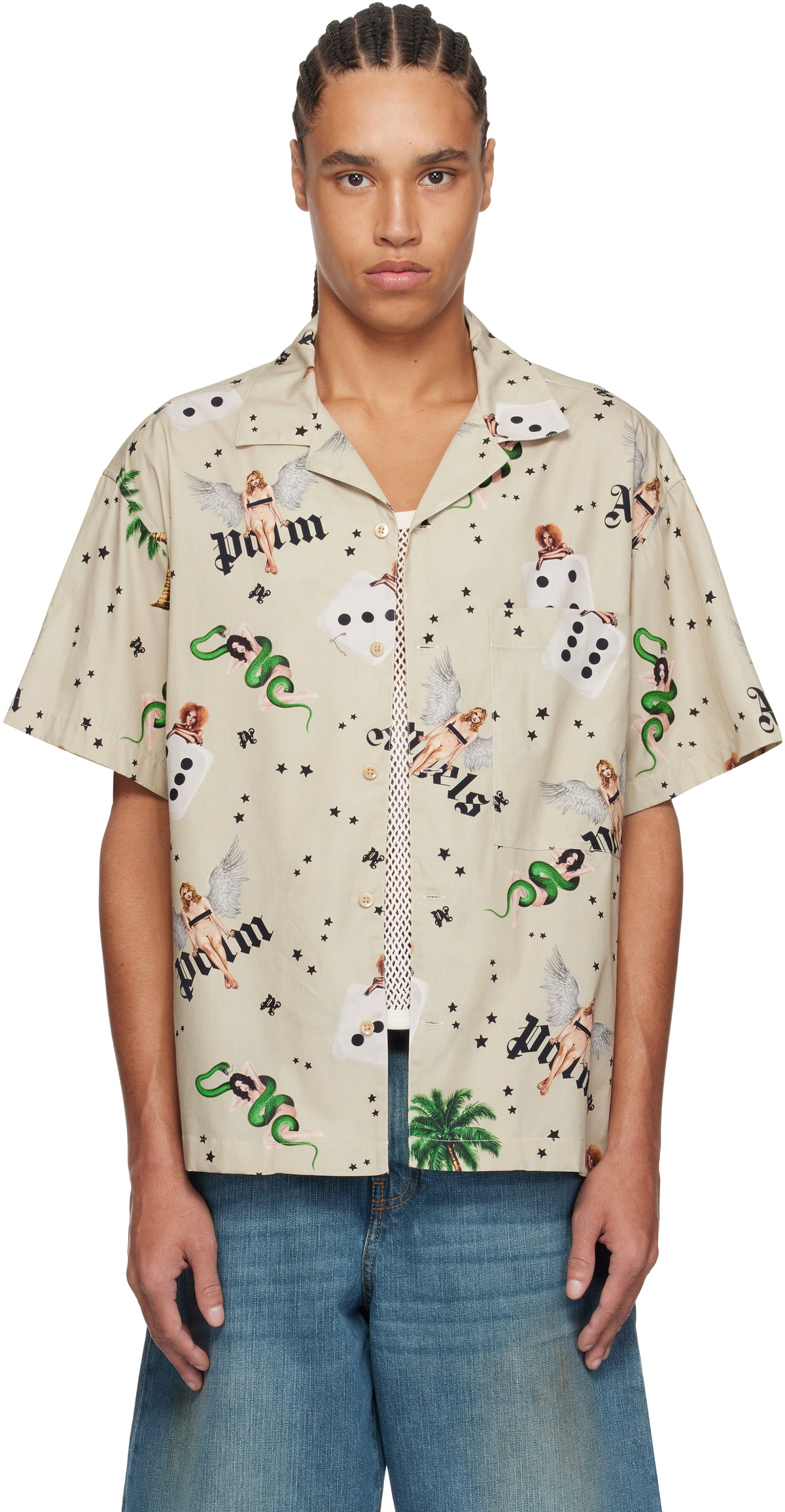Palm Angels Taupe Pin Up Bowling Shirt Palm Angels
