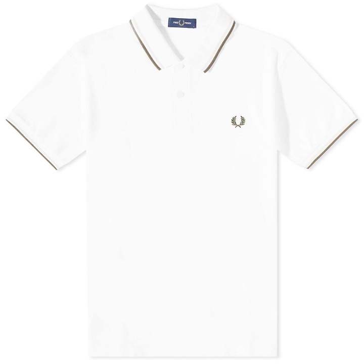 Photo: Fred Perry Authentic Men's Slim Fit Twin Tipped Polo Shirt in White/Silky Peach/Uniform Green