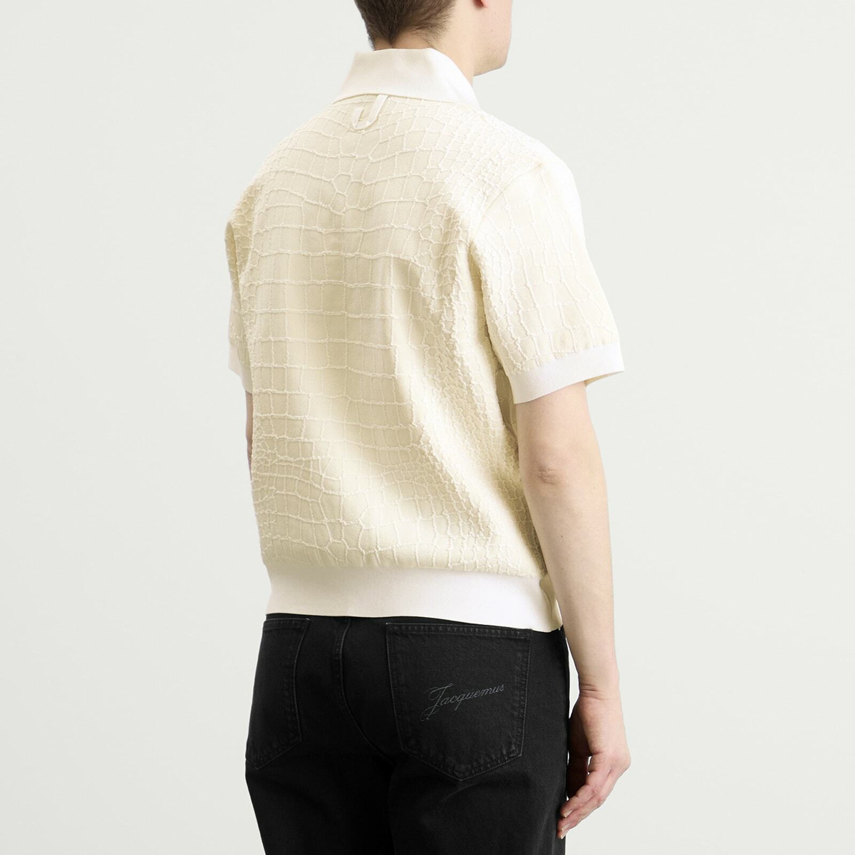 Jacquemus Men's Croc Effect Comapct Polo Shirt in Off-White