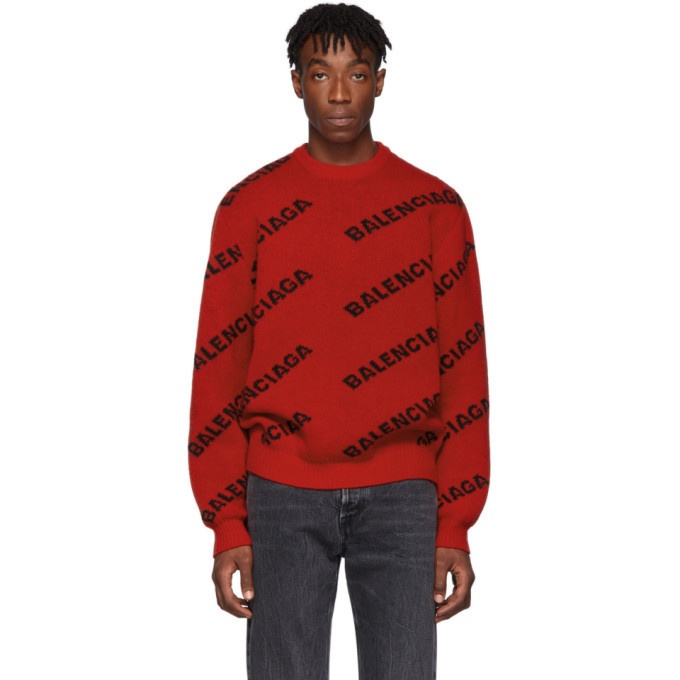 Photo: Balenciaga Red and Black Wool All Over Logo Sweater