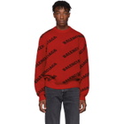Balenciaga Red and Black Wool All Over Logo Sweater