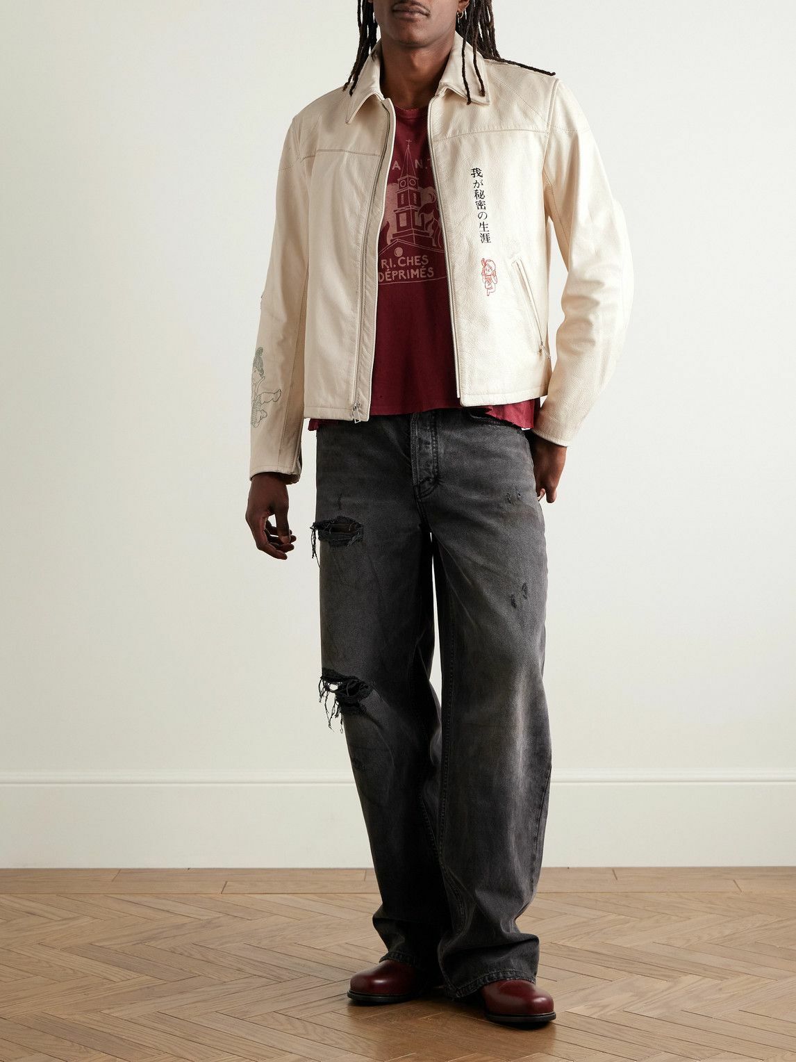 Enfants Riches Déprimés - The Bully Distressed Embroidered Tumbled-Leather Jacket - Neutrals