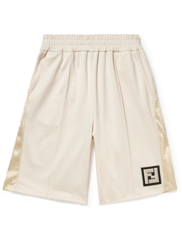 Photo: FENDI - Wide-Leg Logo-Appliquéd Mesh-Panelled Tech-Jersey Shorts - Neutrals