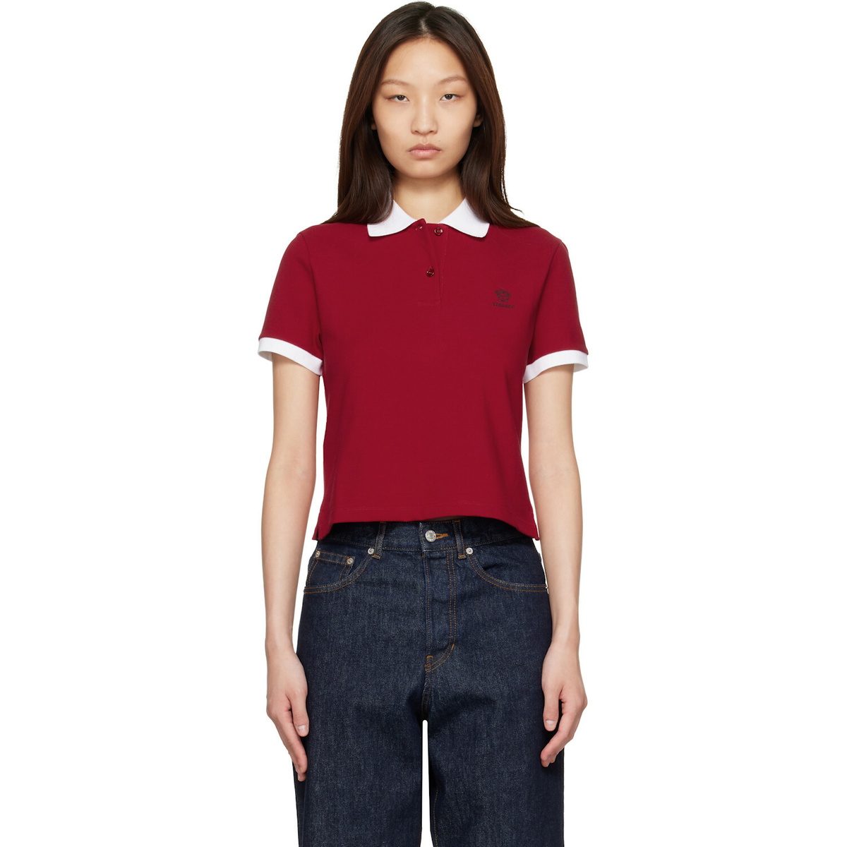 Versace Red & White Embroidered Cotton Piqué Polo