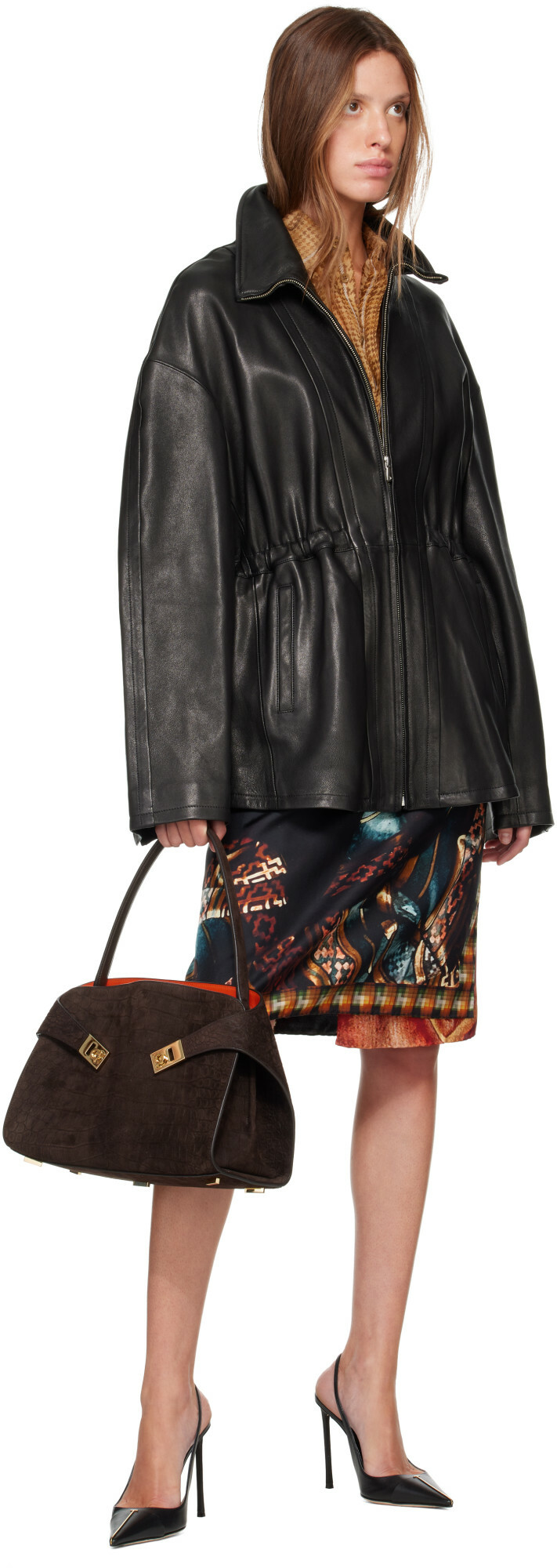 Nour Hammour Black Passage Funnelneck Leather Jacket