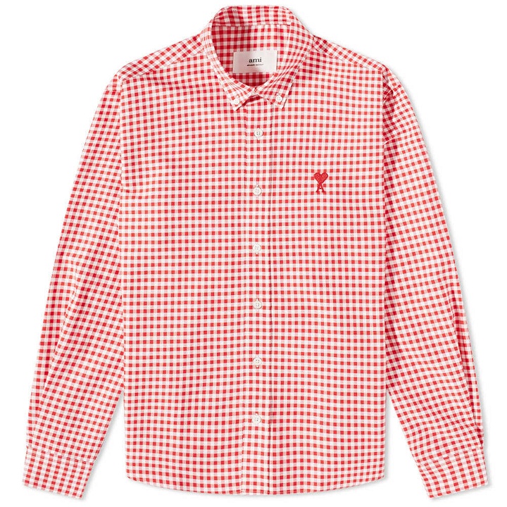 Photo: AMI Men's Heart Gingham Button Down Oxford Shirt in Scarlet Red/White