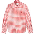 AMI Men's Heart Gingham Button Down Oxford Shirt in Scarlet Red/White