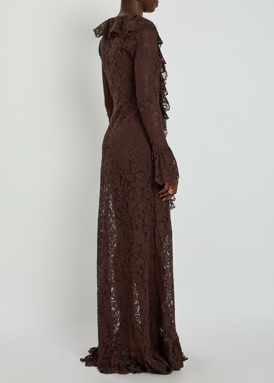 DE LA Vali Clementina Ruffled Guipure Lace Maxi Dress Brown