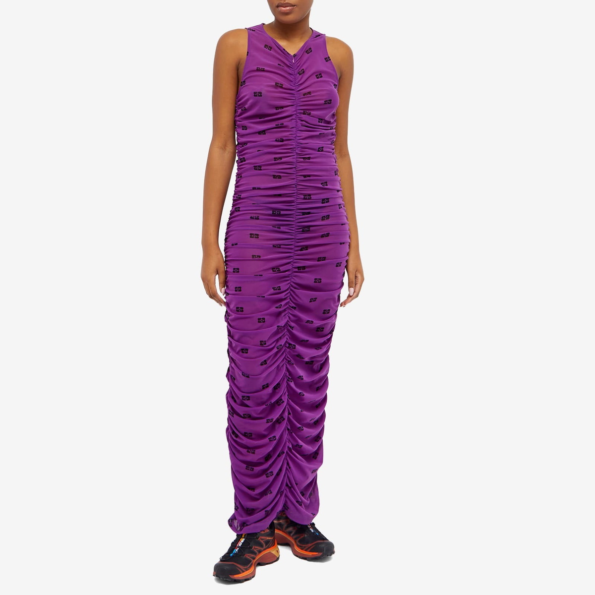 ganni printed mesh maxi dress Printed ruched mesh midi dress in purple - Ganni