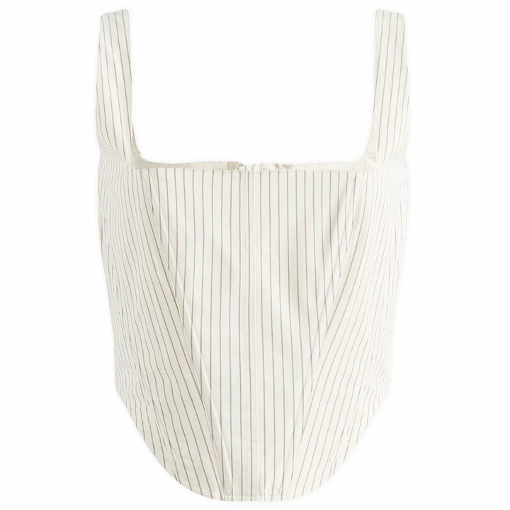 Photo: Good American Women's Stripe Poplin Corset in Putty Pencil Stripe