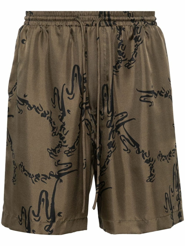 Photo: Nanushka Green Abstract-Print Silk Shorts