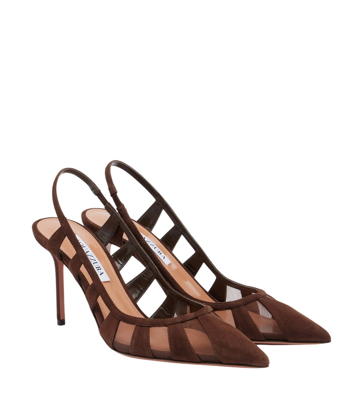 Photo: Aquazzura Screen 85 suede and mesh slingback pumps