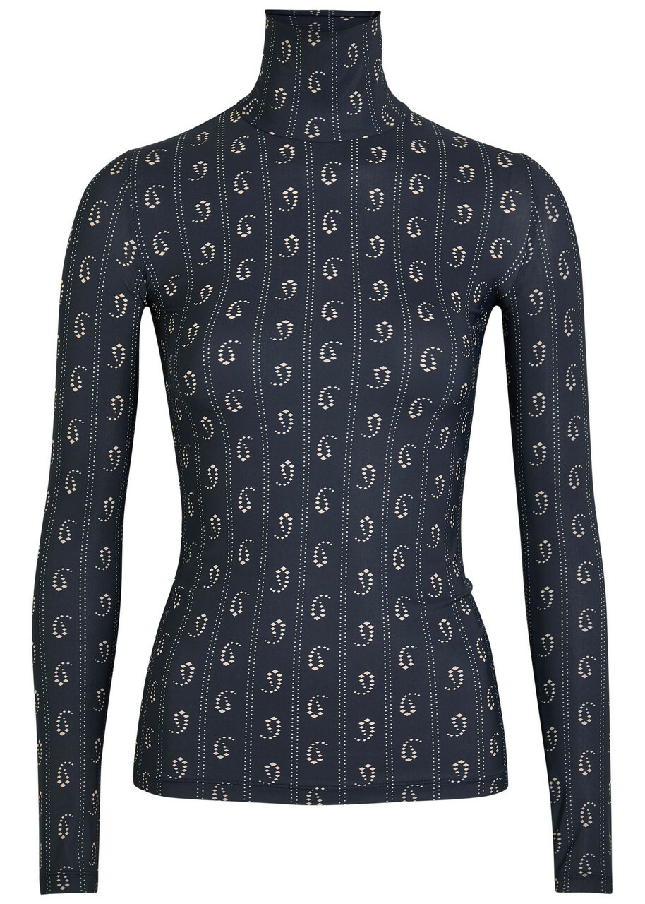 Tory Burch Printed Stretch-polyamide top Navy
