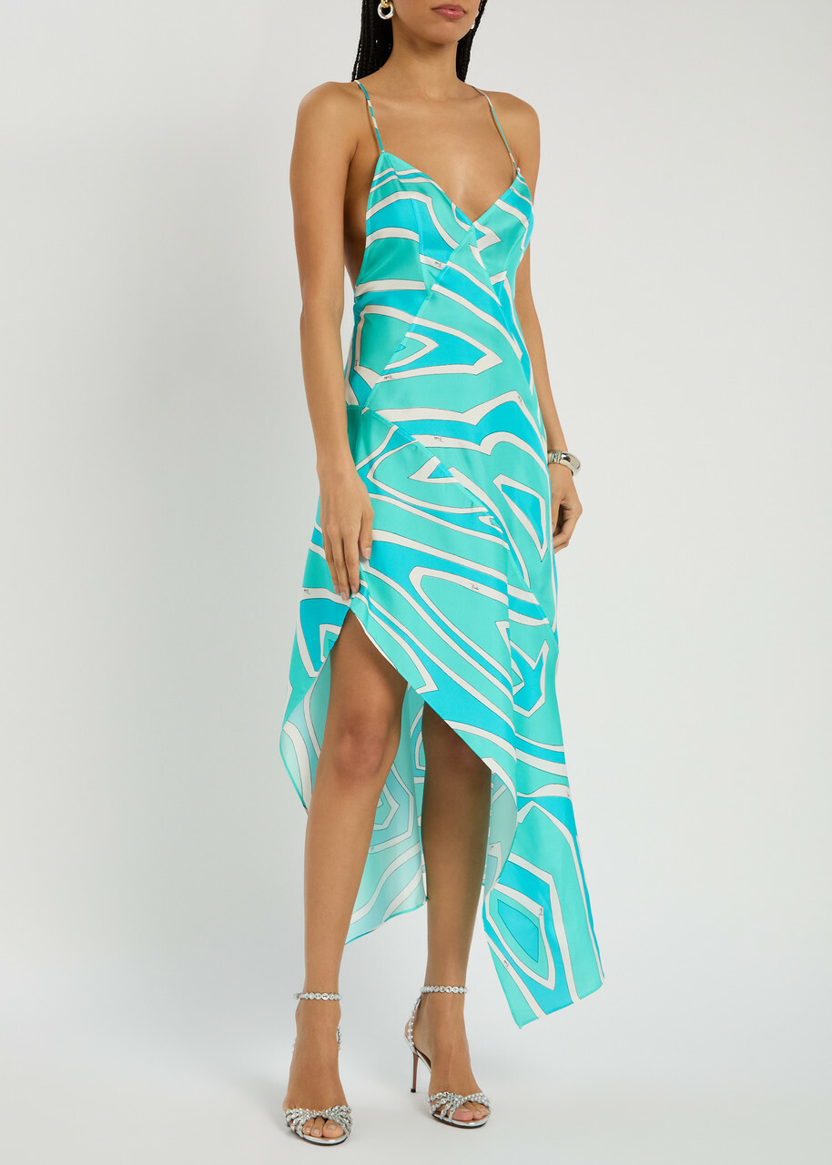 Pucci Abito Printed Silk-twill Midi Dress Turquoise