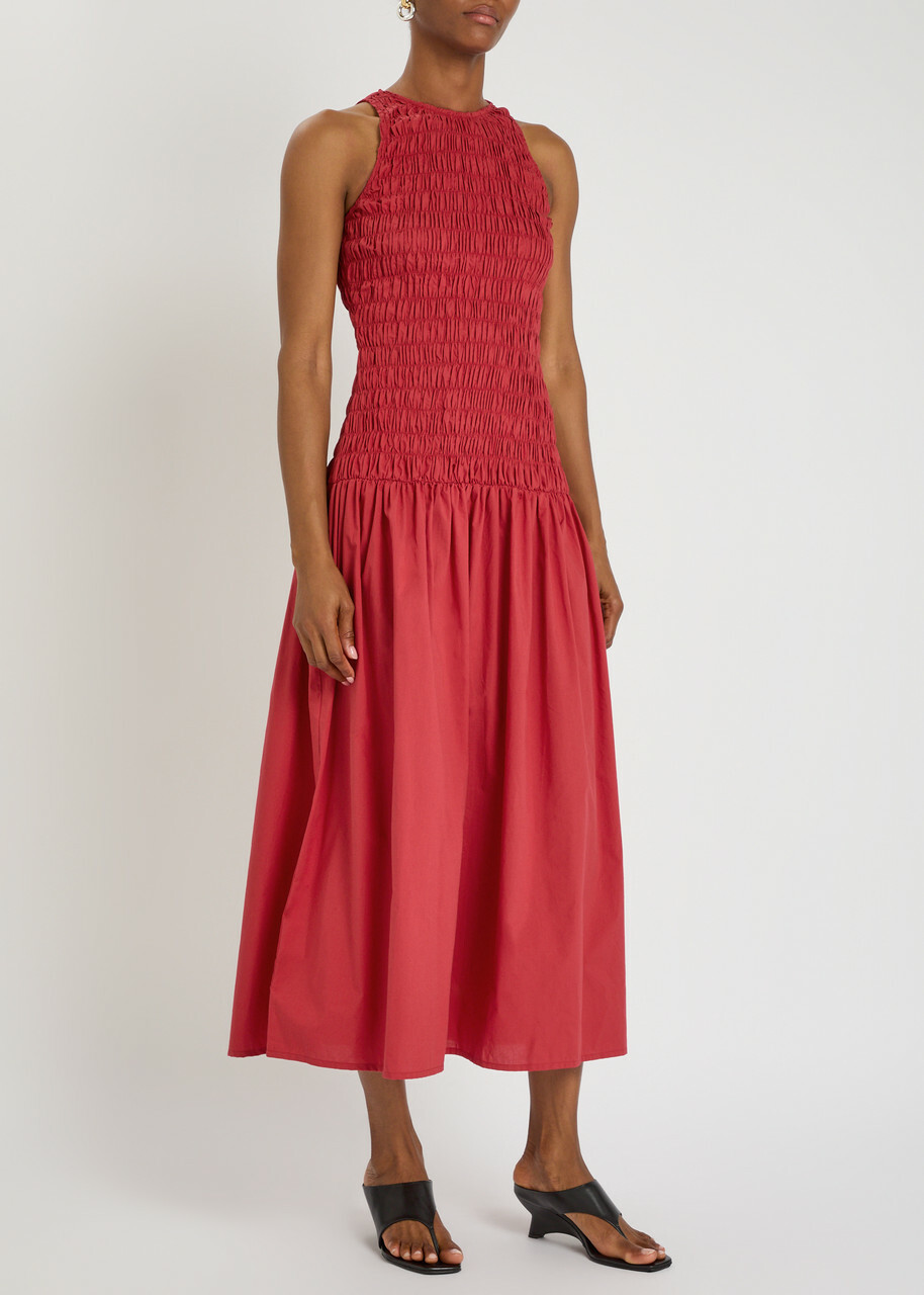 Faithfull The Brand Sanchia Shirred Cotton Midi Dress Red