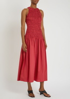 Faithfull The Brand Sanchia Shirred Cotton Midi Dress Red