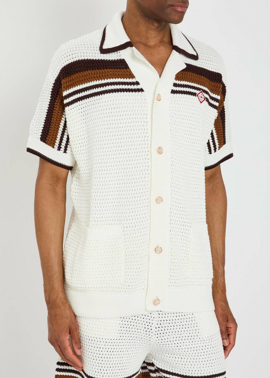 Casablanca Logo-appliquéd Striped Crochet Cotton-knit Shirt White