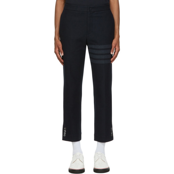 Photo: Thom Browne Navy Tech Twill 4-Bar Trousers