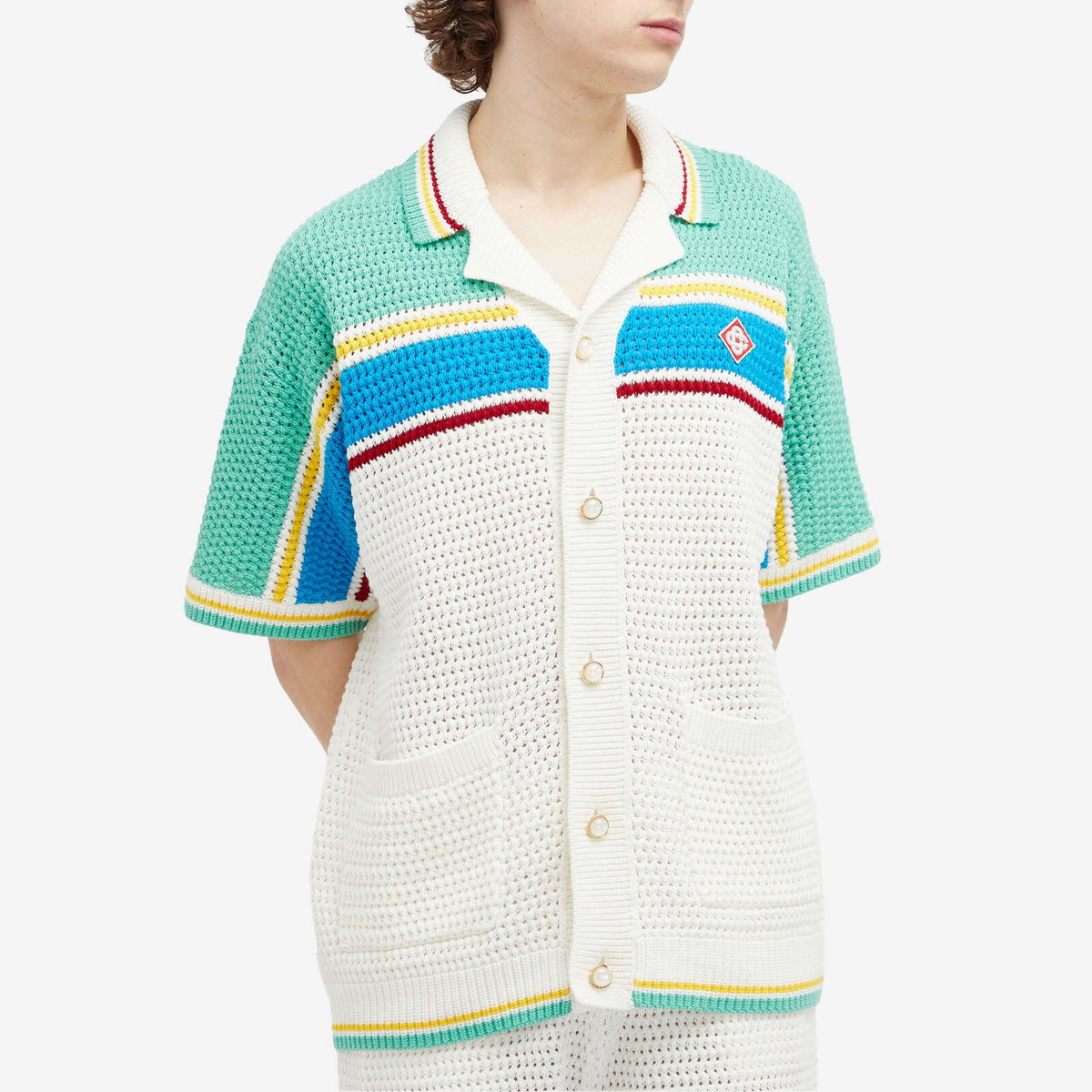 Casablanca Men's Crochet Tennis Shirt in White/Blue Multi Casablanca