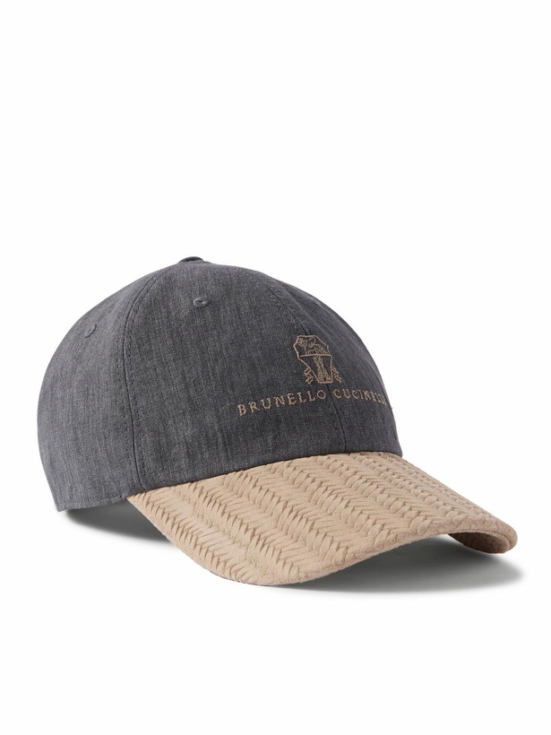 Photo: Brunello Cucinelli - Logo-Embroidered Suede-Trimmed Linen Baseball Cap - Gray