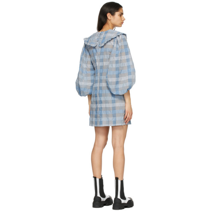 GANNI Blue Seersucker Check Mini Dress GANNI