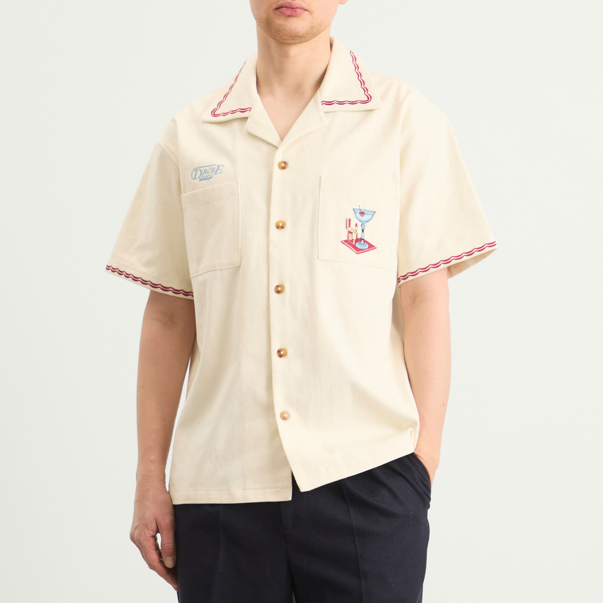 Drôle de Monsieur Men's Cotton Cocktail Open Collar Shirt in Off White