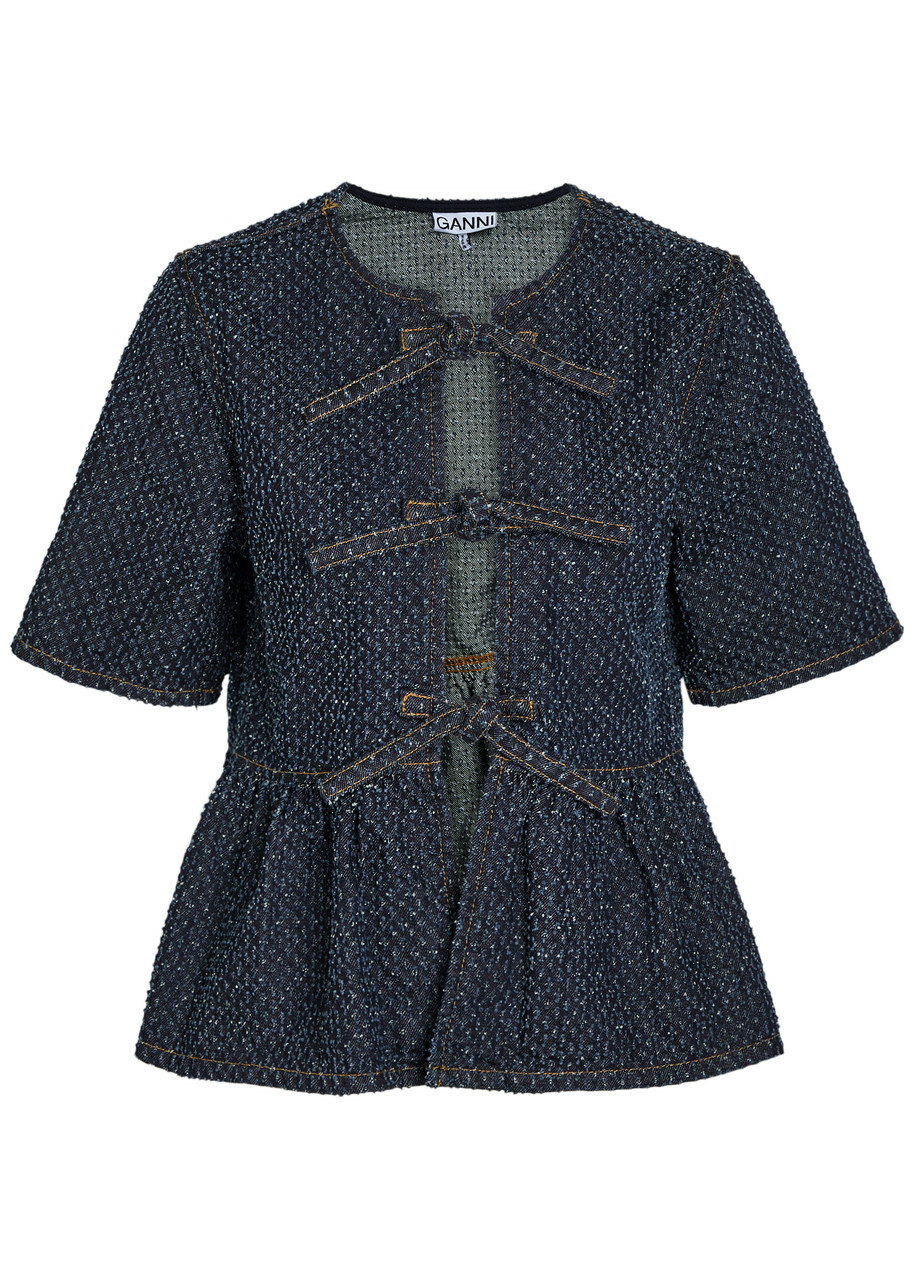 Ganni Tweed-effect Peplum Denim Blouse
