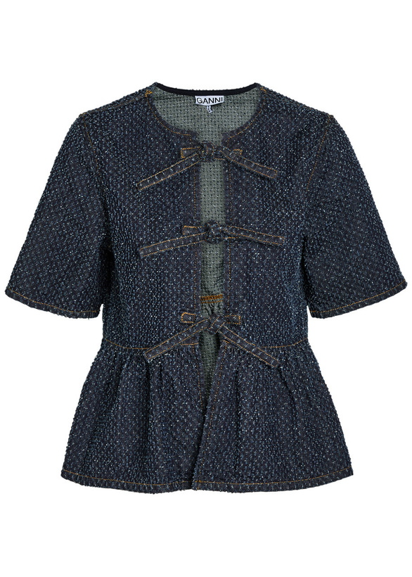 Photo: Ganni Tweed-effect Peplum Denim Blouse