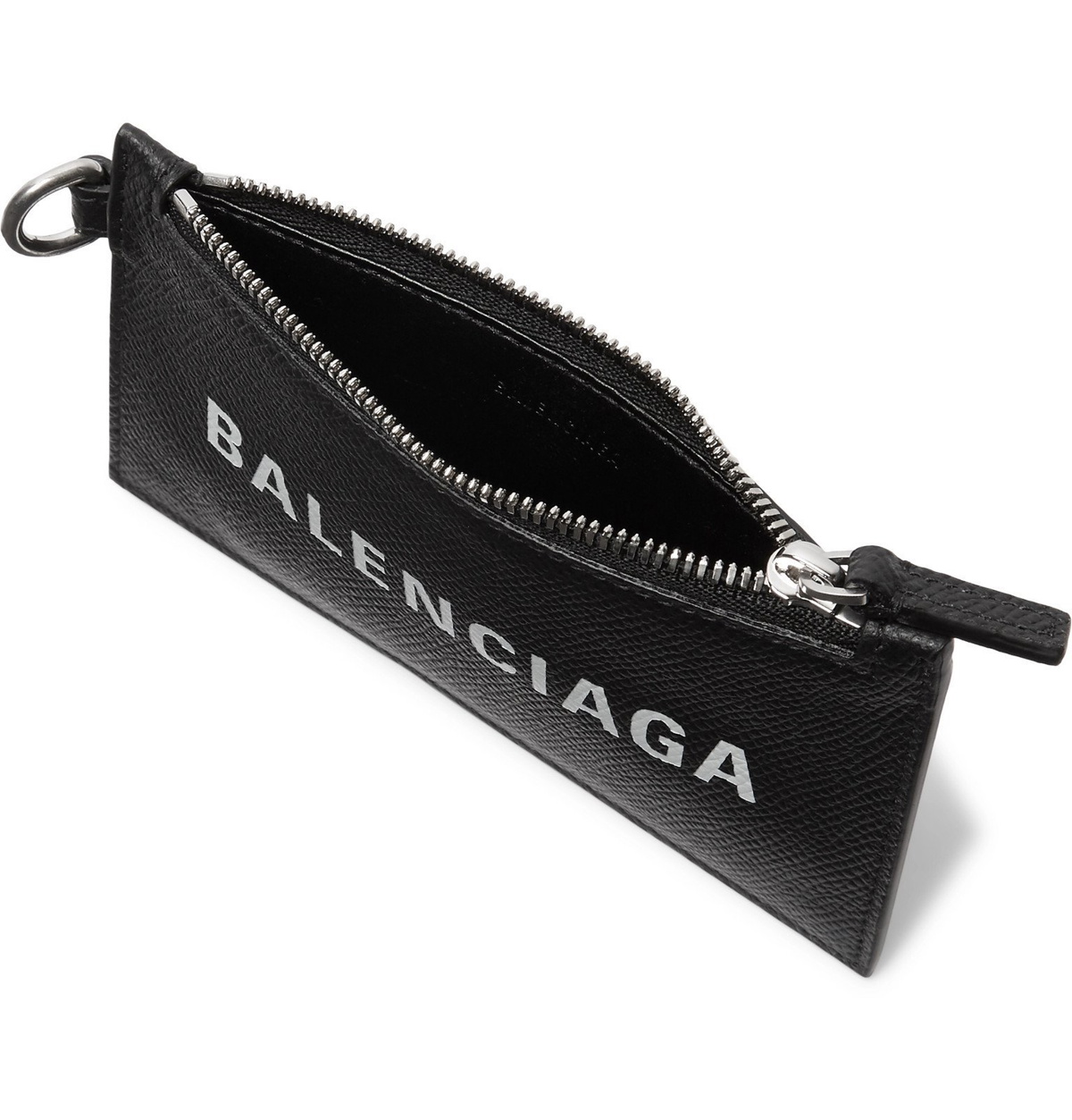 Balenciaga All Over Brand Print Black Leather Lanyard Card Holder Wallet