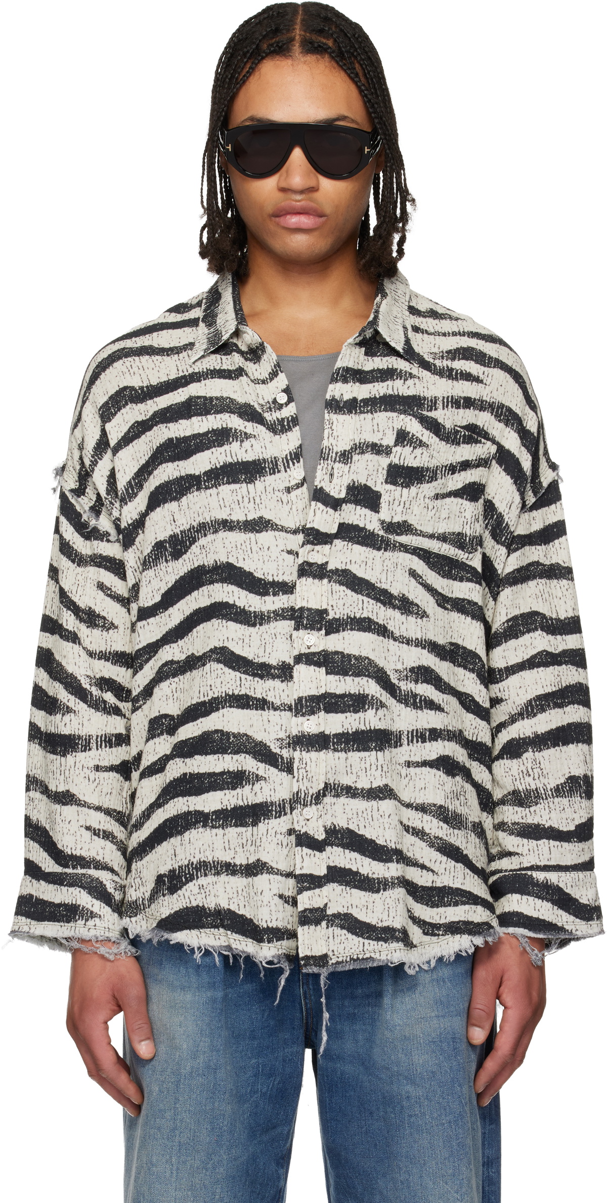 R13 Black & White Shredded Seam Drop Neck Shirt