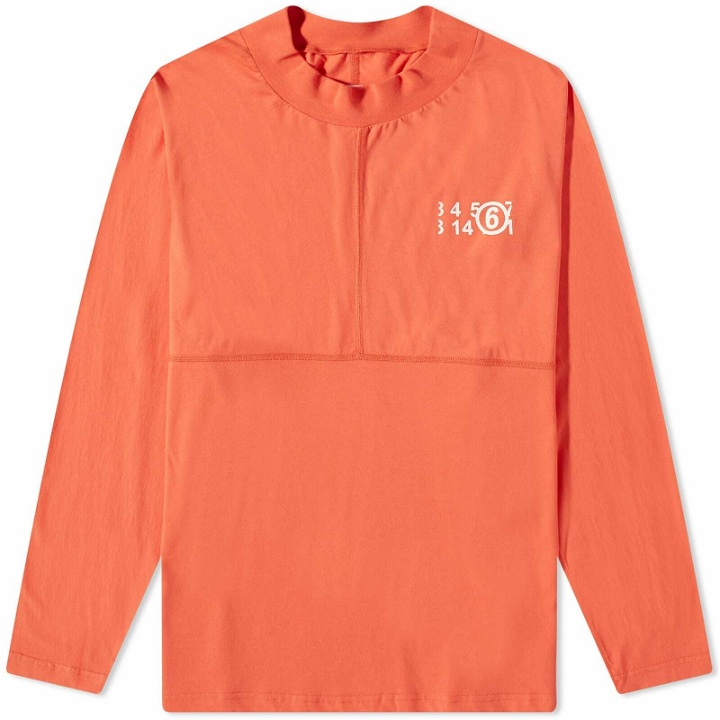 Photo: Maison Margiela Men's Number Logo Mock Neck Long Sleeve T-Shirt in Burnt Orange