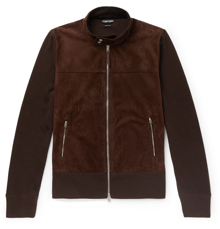 Photo: TOM FORD - Slim-Fit Panelled Suede and Wool Zip-Up Cardigan - Men - Brown