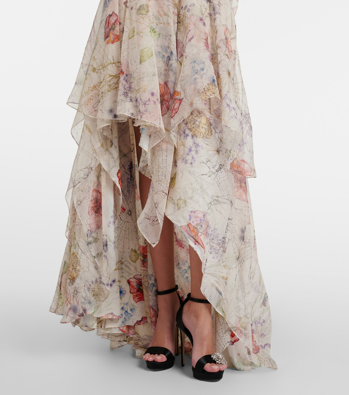 McQueen Floral asymmetric silk chiffon gown