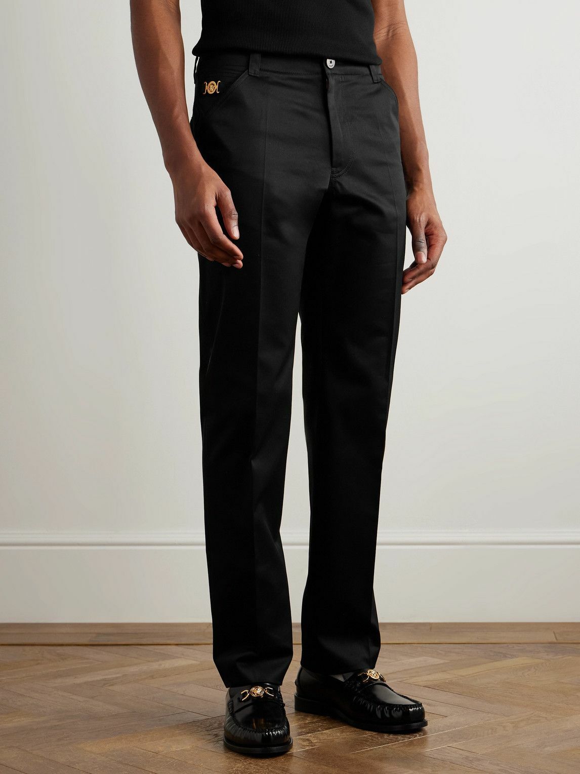 Versace - Straight-Leg Embellished Cotton-Gabardine Trousers - Black