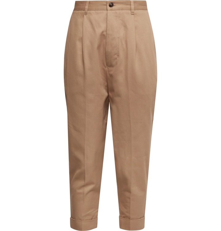 Photo: AMI PARIS - Tapered Cropped Pleated Cotton-Twill Trousers - Neutrals