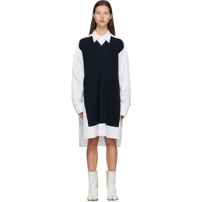 Maison Margiela White and Navy Spliced Knit Shirt Dress Maison Margiela