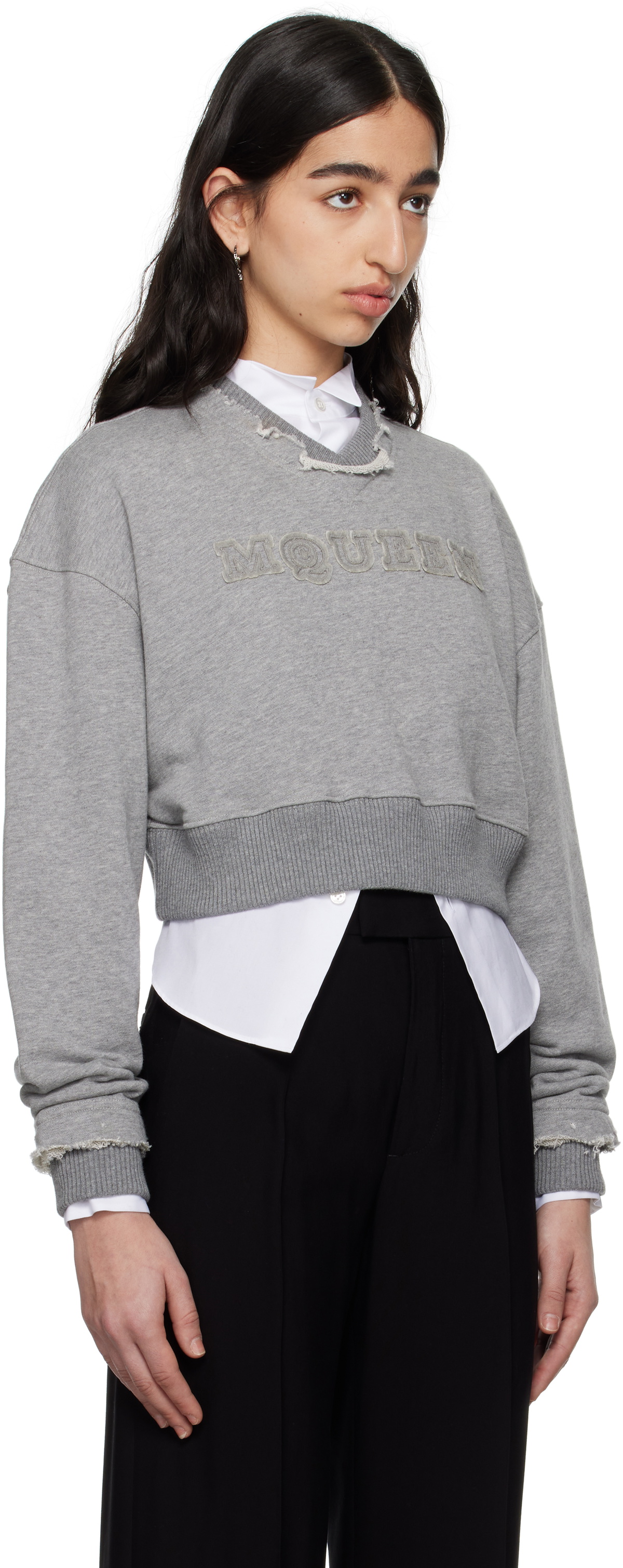 McQueen Gray 'McQueen' Logo Cropped Sweatshirt