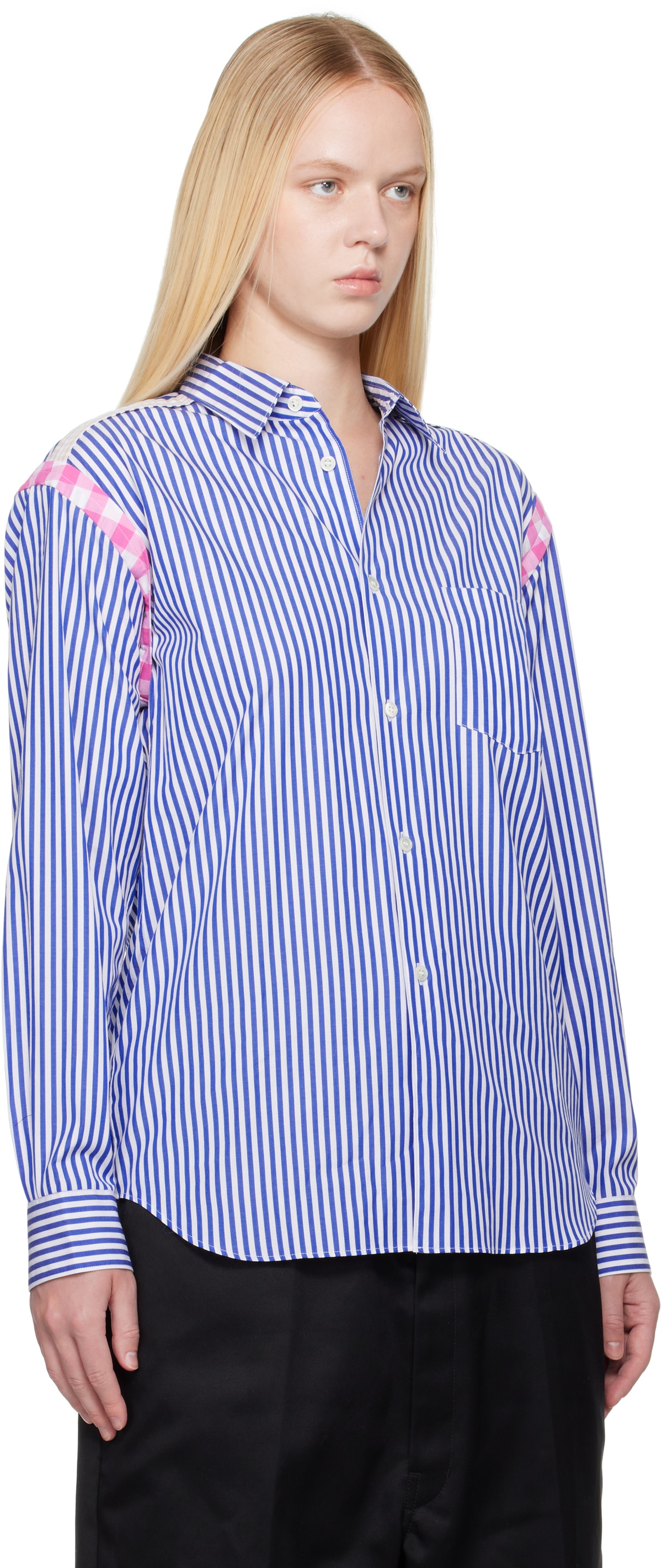 Comme des Garçons Shirt Blue & White Striped Gingham Trim Shirt