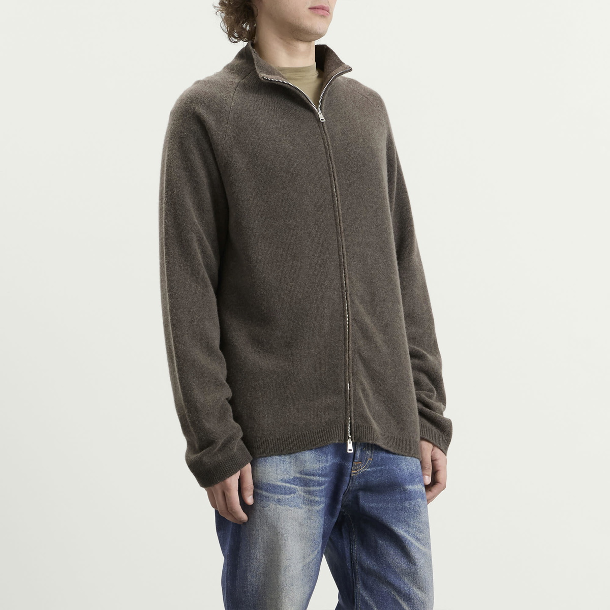 Our Legacy Men's Spray Dye Cherub Wool Line Zip Cardigan in Mud