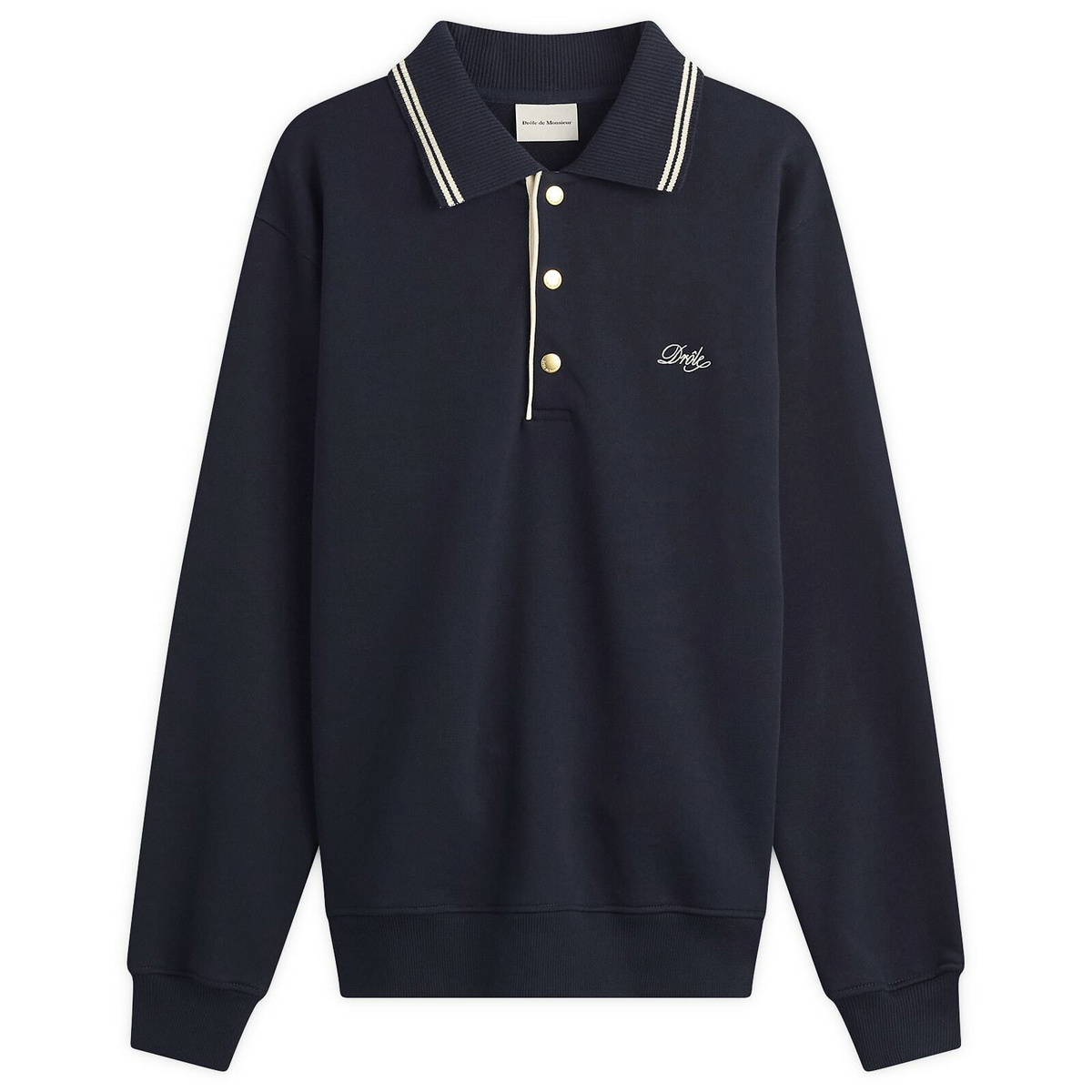 Drôle de Monsieur Men's Logo Long Sleeve Polo in Navy