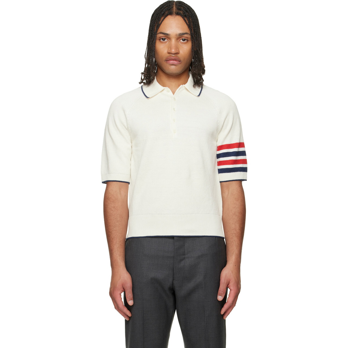 Thom Browne White Linen Cotton 4-Bar Relaxed Fit Polo