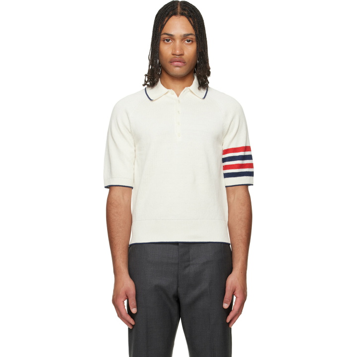 Photo: Thom Browne White Linen Cotton 4-Bar Relaxed Fit Polo