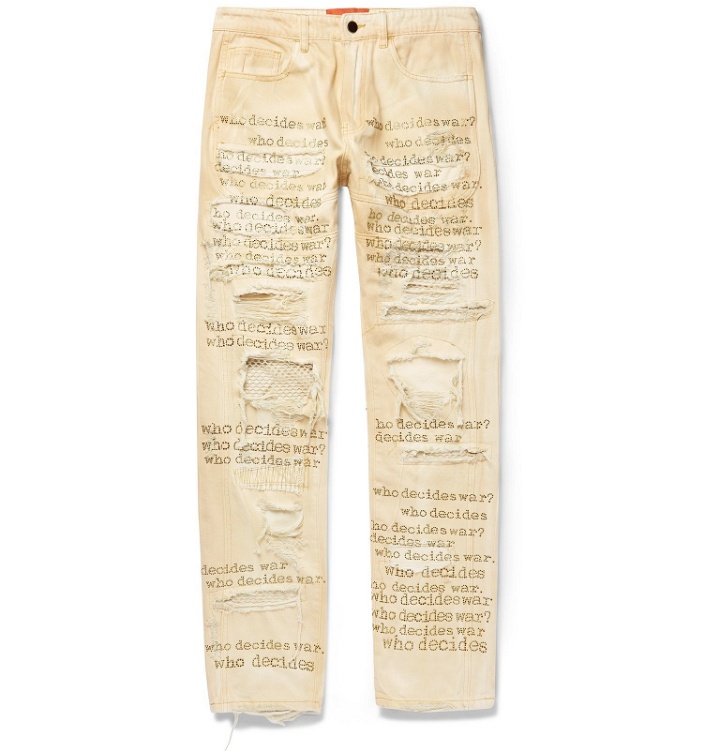 Photo: WHO DECIDES WAR by Ev Bravado - Slim-Fit Distressed Embellished Embroidered Denim Jeans - Neutrals