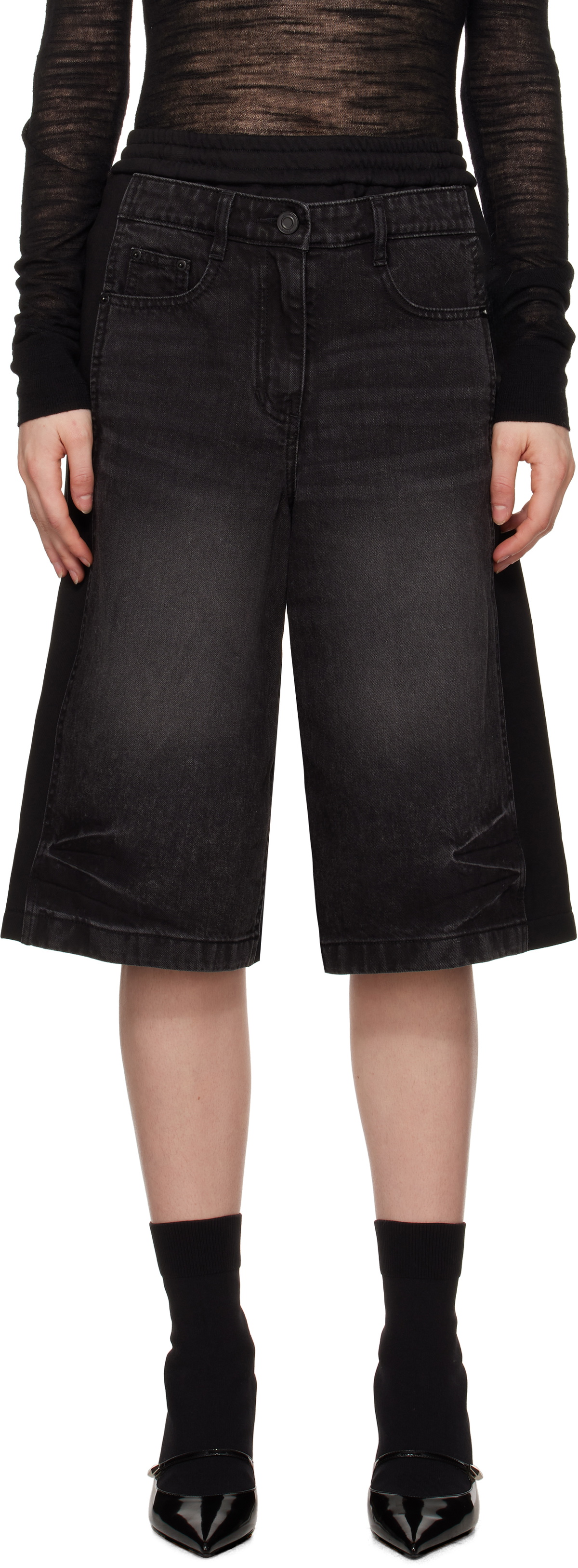 Juun.J Black Patched Jersey Denim Shorts