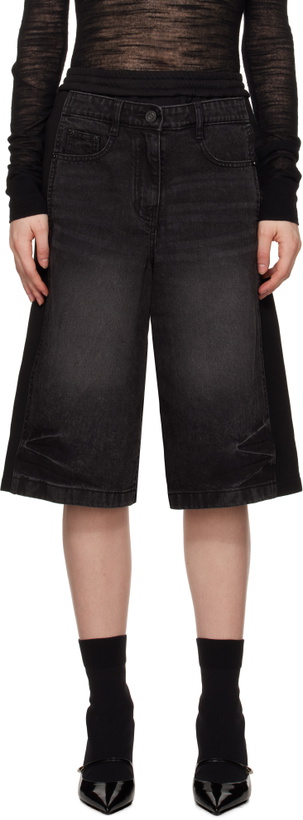 Photo: Juun.J Black Patched Jersey Denim Shorts