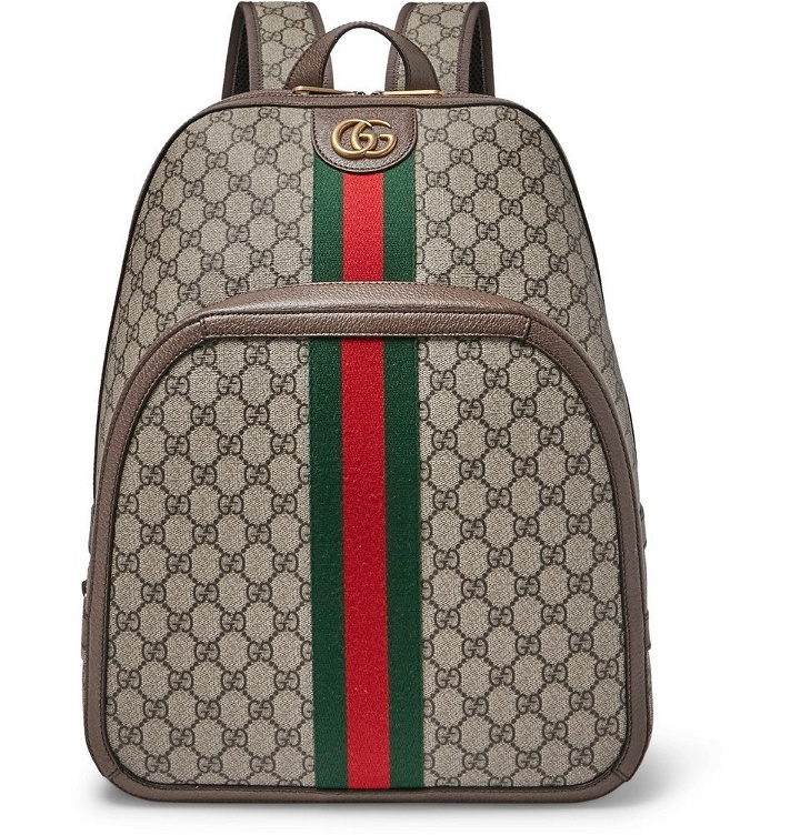Photo: Gucci - Leather and Webbing-Trimmed Monogrammed Coated-Canvas Backpack - Beige